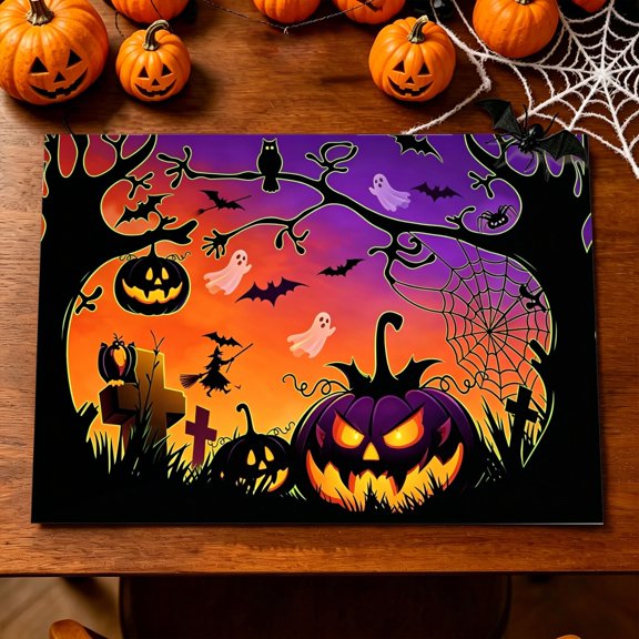1/4/6pcs Gradient Purple Orange Pumpkin Flying Bat Ghost 2D Print Placemat, Kitchen Patio Halloween Gathering Table Decor, Holiday Gift for Home Decor & Party Planners