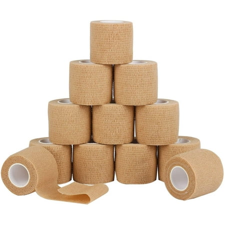 12 Pack Self Adherent Cohesive Wrap Bandages 2 Inches X 5 Yards,First Aid Tape, Elastic Self Adhesive Tape, Athletic, Sports wrap Tape, Bandage Wrap for Sports, Wrist, Skin Colour Athletic Tape