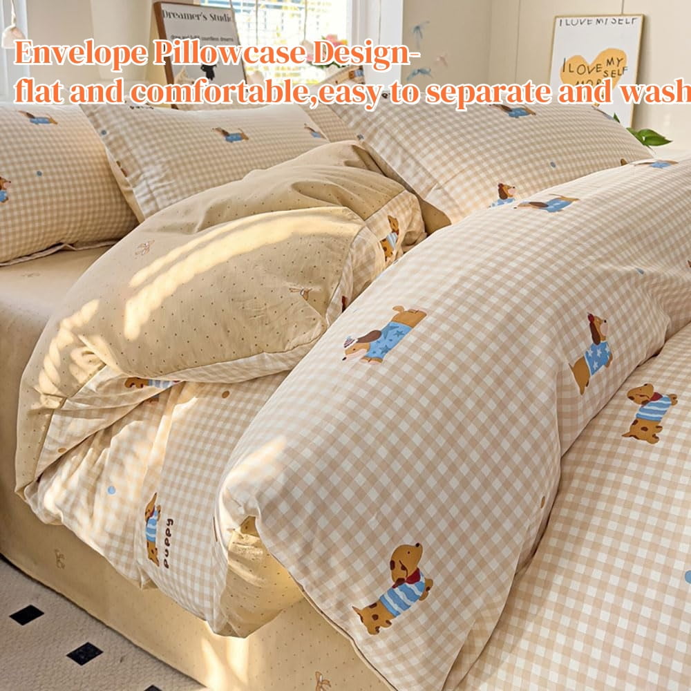 JOLUSERE 2-Piece Beige Gingham Puppy Pattern Comforter Twin Set , Soft Blue Dachshund Bedding Set for Kids Adults