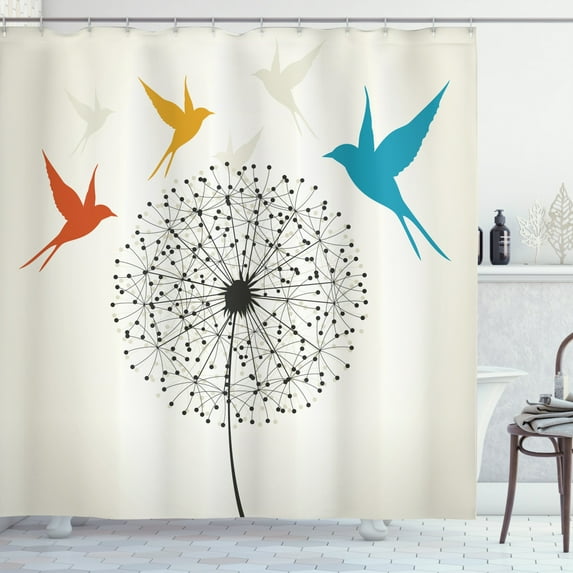Birds Shower Curtain, Three Swallow Birds Flying Around a Giant Dandelion, Fabric Bathroom Set with Hooks, 69W X 84L Inches Extra Long, Burnt Orange Earth Yellow and Azure Blue, by Ambesonne
