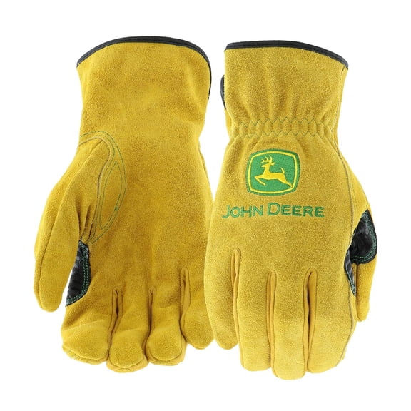 John Deere Split Cowhide Leather Driver Work Glove, Shirred Elastic Wrist, Tan, Medium