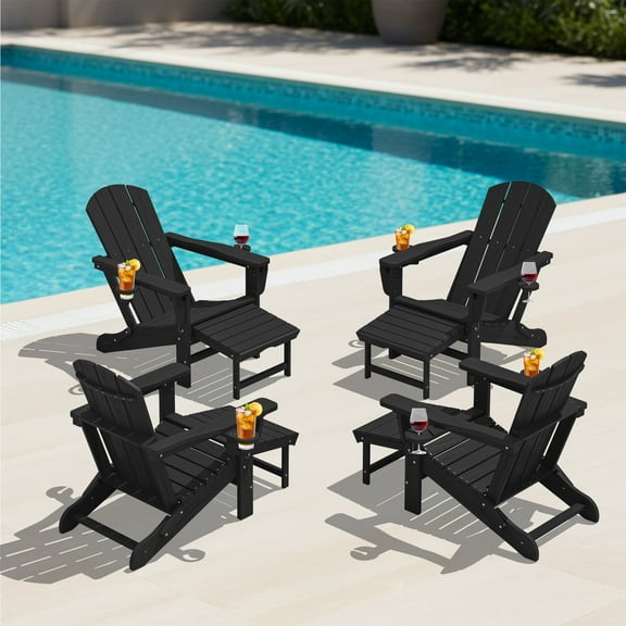 KINGYES Folding Adjustable Adirondack Chair with Retractable Ottoman Set of 4 for Patio Garden, Black