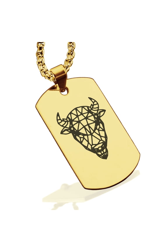 Stainless Steel Geometric Polygon Bison Animal Dog Tag Pendant Necklace