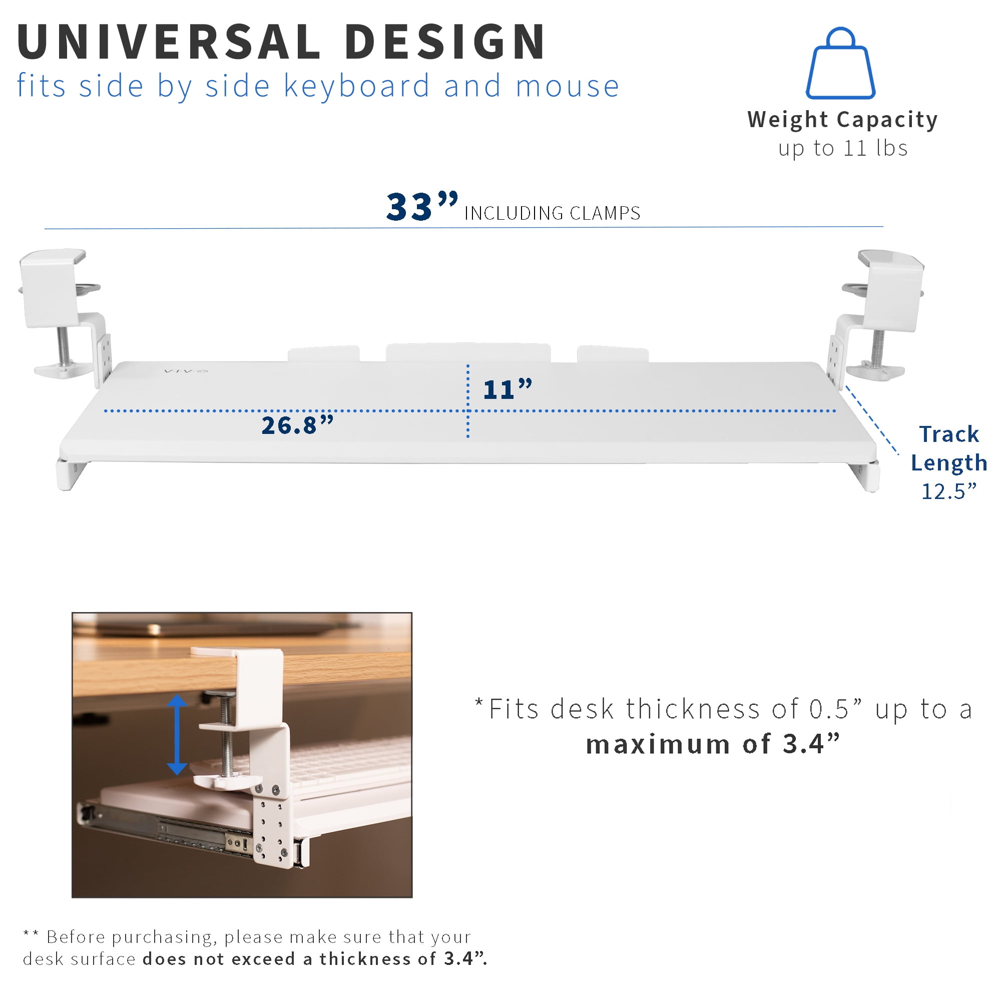 VIVO White Clamp-on Height Adjustable Keyboard and Mouse Under Desk Slider Tray
