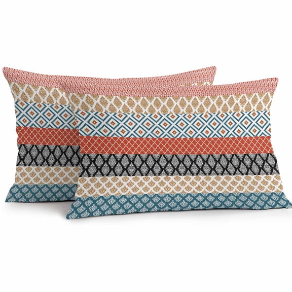 Outdoor Throw Pillows Covers 12X20 Set of 2 Waterproof Boho Tribal Decorative Zippered Cushion Covers for Patio Furniture, Abstract Orange Teal Bohemian Pattern Lumbar Pillowcases