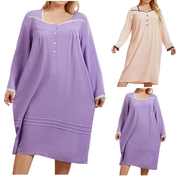 Bixock Plus Size Nightgowns for Women,Women's Sleepshirt Casual Cotton Loose Crew Neck Long Sleeved Summer Long Pajama Dress