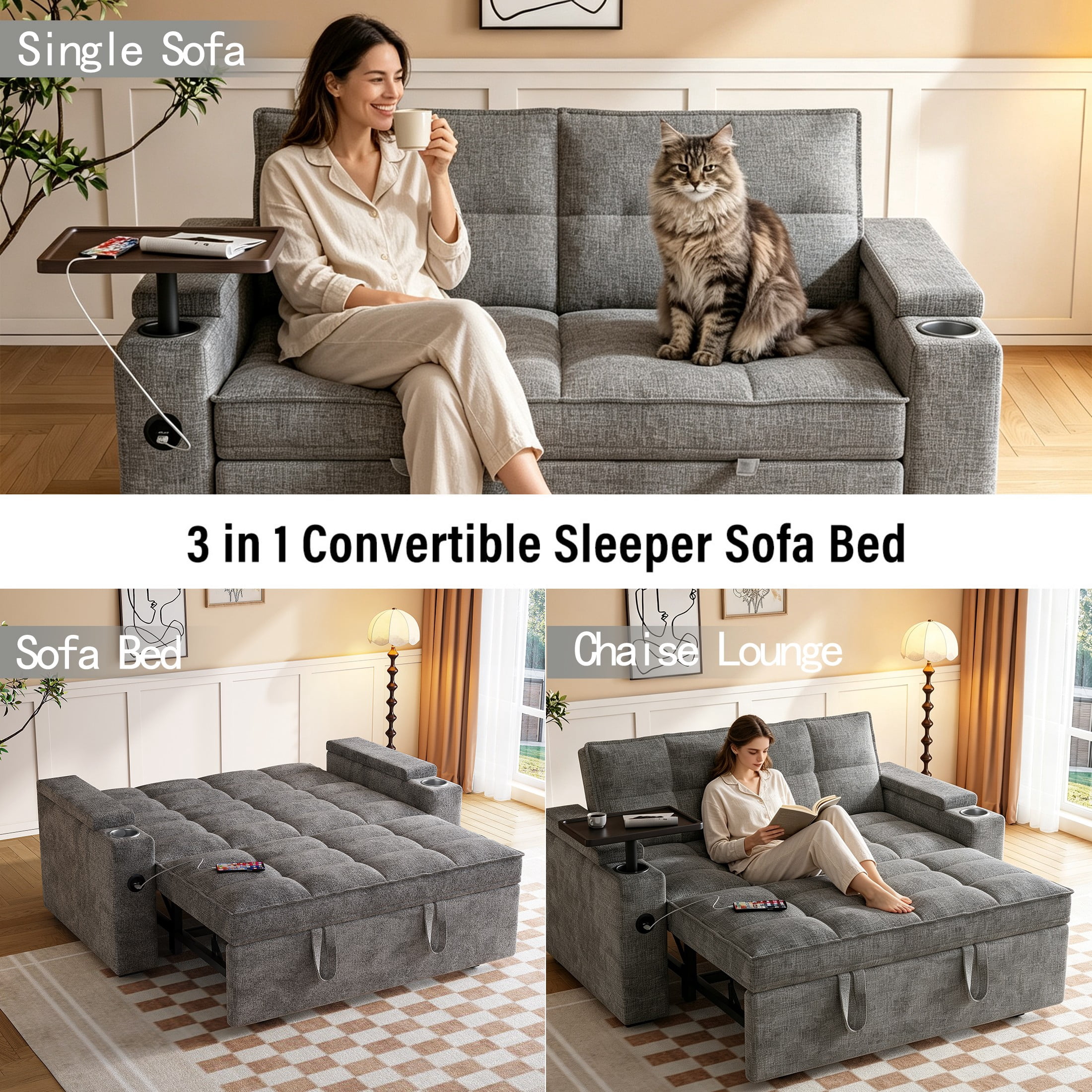 3-in-1 Sleeper Sofa,65" Loveseat Sofa Bed, 2 Seater Convertible Small Couch with 360° Swivel Side Table and USB,Chenille Pull Out Bed ,Gray