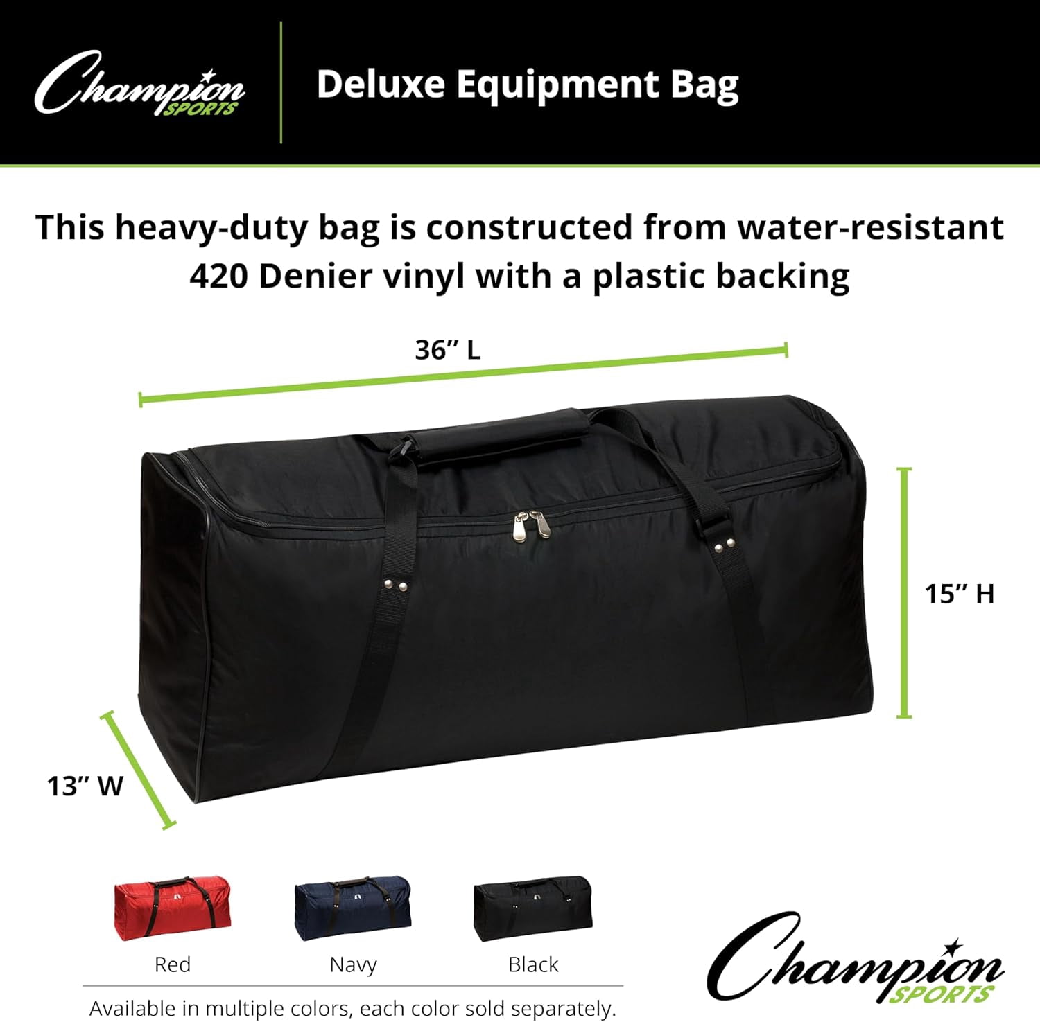 Champion Sports 420 Denier® Nylon Deluxe Equipment Bag with Strap and Inside Pocket - 36"L x 13"W x 15"H - Black