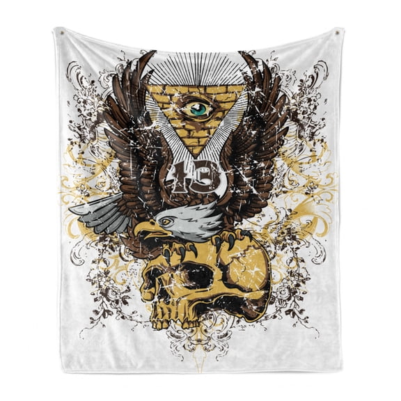 Tattoo Soft Flannel Fleece Blanket, American Eagle Wings Wide Open Top of Skull Carrying Brick Wall with Eye Print, Cozy Plush for Indoor and Outdoor Use, 70" x 90", Brown and White, by Ambesonne