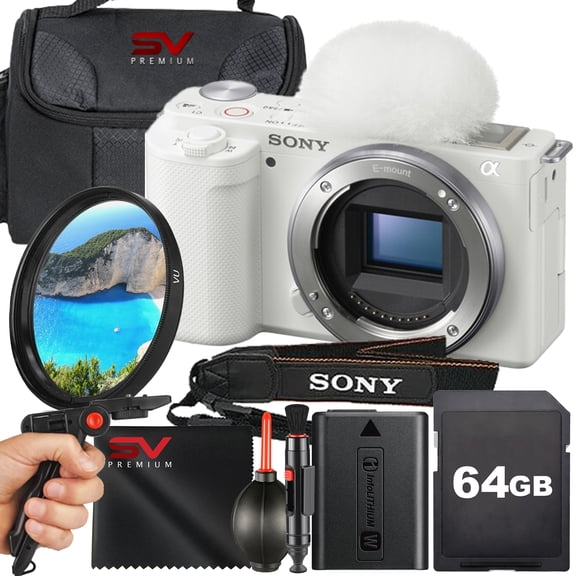 Sony ZV-E10 Mirrorless Camera (Body Only, White)   SanDisk 64GB Memory Card   UV Filter   SV Premium Accessory Bundle (International Version)