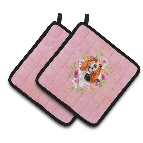 Carolines Treasures CK4116PTHD Basset Hound Pink Flowers Pair of Pot Holders 7.5HX7.5W multicolor