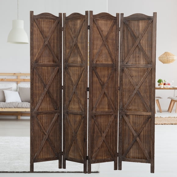 Proman Products Rancho Shelf 4-Panel Room Divider – 67"H, Paulownia Wood, With Removable Shelves, Rustic Brown