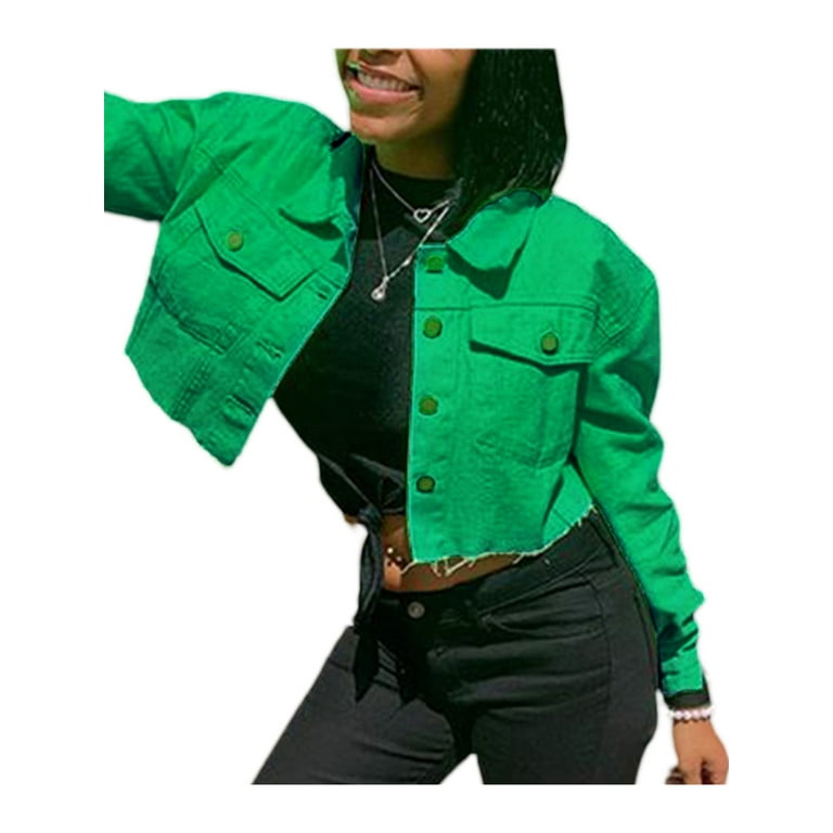 Cropped Distressed Green Denim Jacket