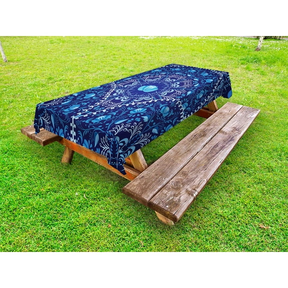 Navy Blue Outdoor Tablecloth, Circular and Floral alike Oriental Style Patterned Design Artwork, Decorative Washable Fabric Picnic Tablecloth, 58 X 120 Inches, Navy Blue White and Blue, by Ambesonne