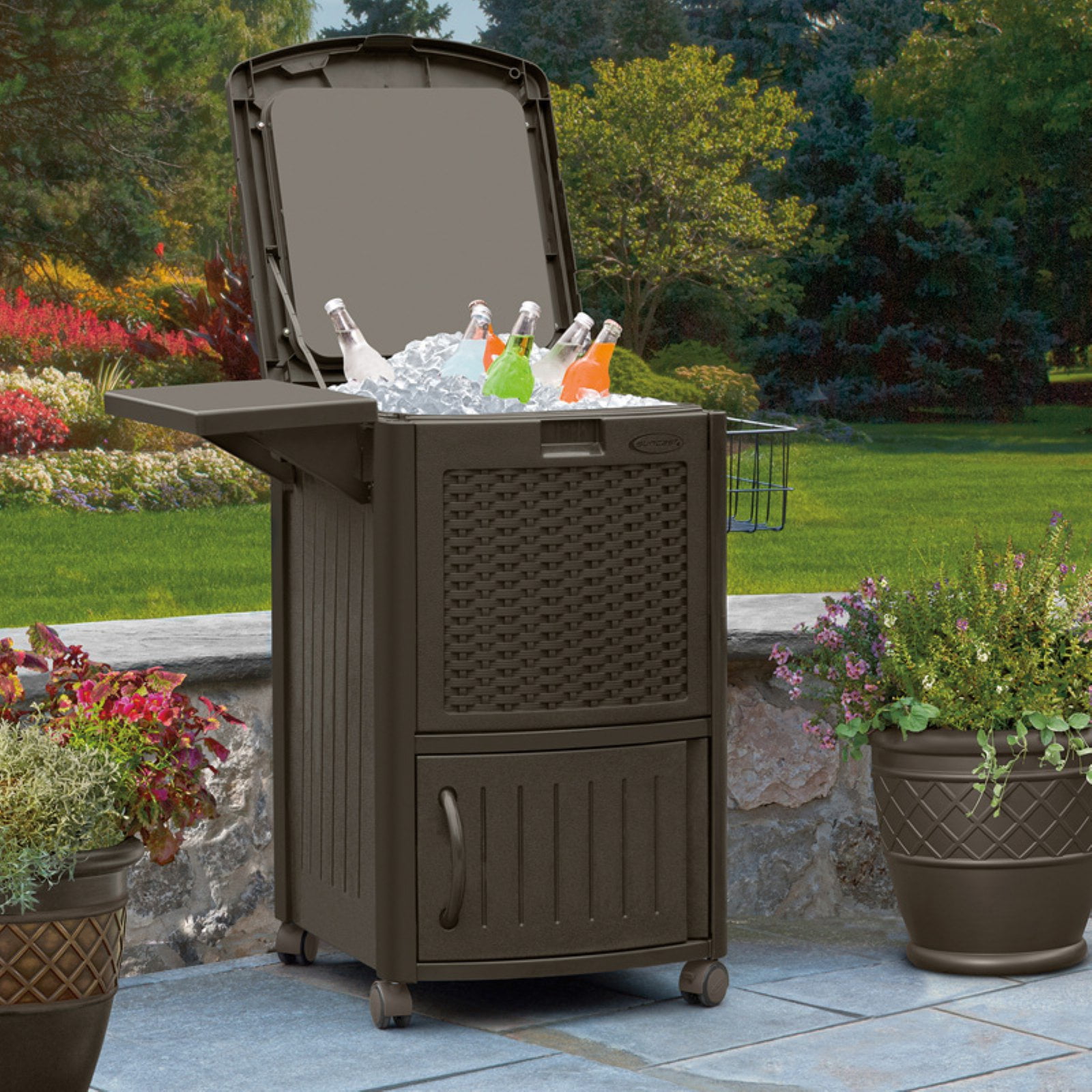 Suncast 77 qt. Resin Wicker Outdoor Cooler Station® Patio Cooler, Java Brown
