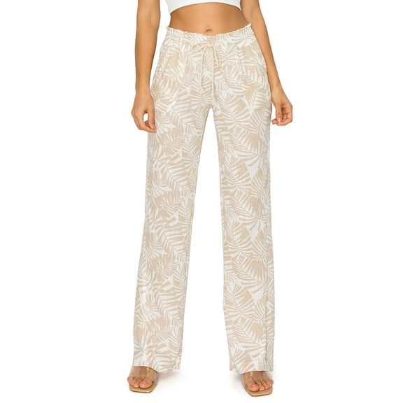 Cali1850 Women's Casual Linen Pants 32" Inseam Oceanside Drawstring Smocked Waist Lounge Beach Pants with Pockets