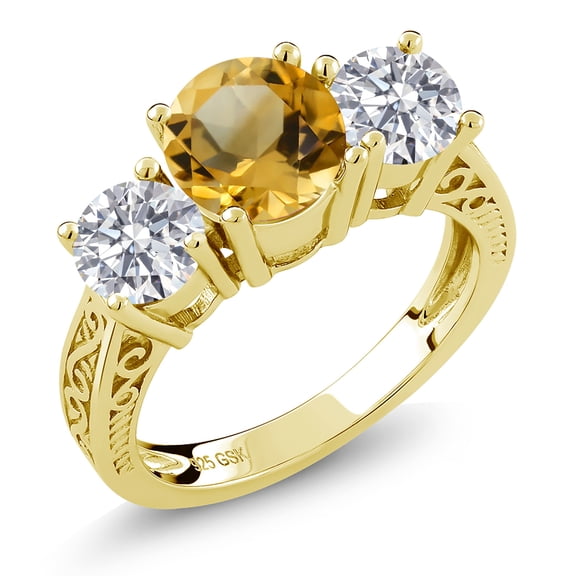 Gem Stone King 18K Yellow Gold Plated Silver Yellow Citrine and Lab Grown Diamond Engagement Ring for Women | 2.30 Cttw | Round 7MM | Gemstone November Birthstone | Size 7