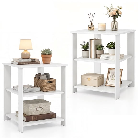 Gymax 2PCS 3-Tier End Table Square Side Table w/Open Storage Shelves for Living Room White