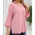 thumbnail image 3 of Mujeres botón abajo camisa cuello en V color puro tres cuartos puff manga botón abajo V cuello camisa para las mujeres, 3 of 6