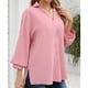 thumbnail image 3 of Camisa de mujer con cuello en V, mangas abullonadas, botones y largo tres cuartos, color rosa XL, 3 of 6
