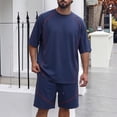 thumbnail image 2 of Men's Shirt and Shorts Set 2 Piece Fashion Summer Tracksuits Cotton Oversized T-Shirts Drawstring Shorts Outfits Big and Tall Size M-5XL Navy, 2 of 5