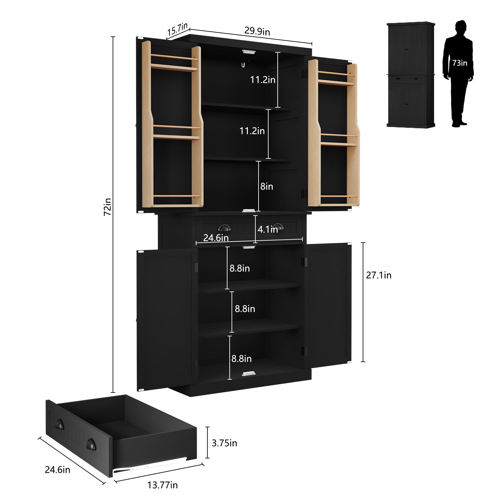 HLR 72" Utility Pantry Storage Cabinet, Tall Cupboard with Door Shelves and Drawer for Kitchen, Black
