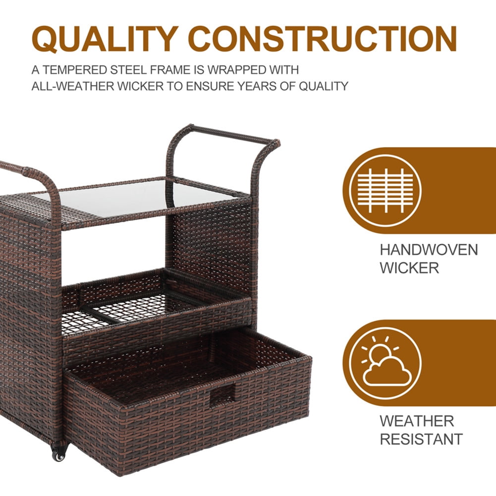 Outdoor Rolling Wicker Bar Cart Sideboard On Wheels with Ice Bucket and Storage Compartments Brown Outdoor Rolling Wicker Bar Cart Sideboard On Wheels with Ice Bucket and Storage Compartments Brown
