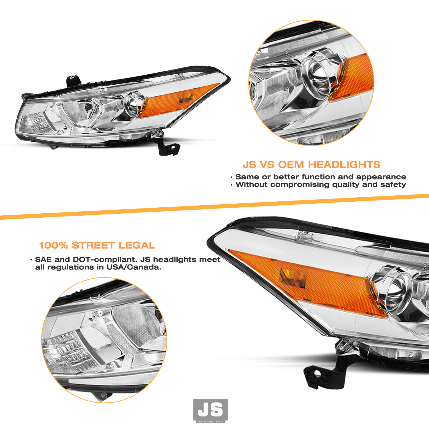 For 08-12 Honda Accord Coupe Halogen Chrome Amber Projector Headlights Pair