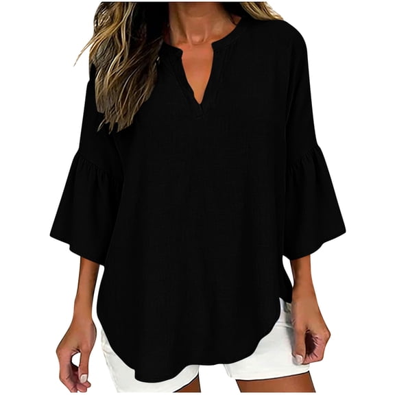 Women Ruffle 3/4 Sleeve T Shirts Tee Tops for Women V Neck Lace Faux Linen Plain Fall Summer Tee Shirt 2026 Clothes Fashion Country Concert