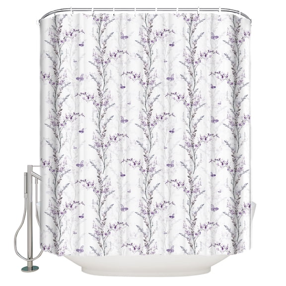 Purple Butterfly Shower Curtain, 66" x 72", Lavender Bud Printing Waterproof Bathroom Curtain Washable Shower Curtain Set with 12 Hooks