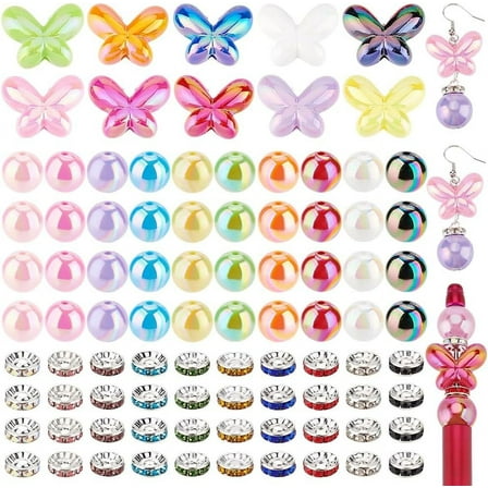 190pcs Focal Beads for Pens Acrylic Butterfly Beads Pen Beads Round Pearl Beads Loose Beads Rhinestone Spacer Beads for Pen School Jewelry Bracelet Necklace Keychain Crafts