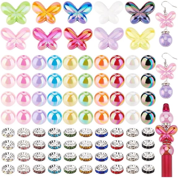 PH 190pcs Focal Beads for Pens Acrylic Butterfly Beads Pen Beads Round Pearl Beads Loose Beads Rhinestone Spacer Beads for Pen School Jewelry Bracelet Necklace Keychain Crafts