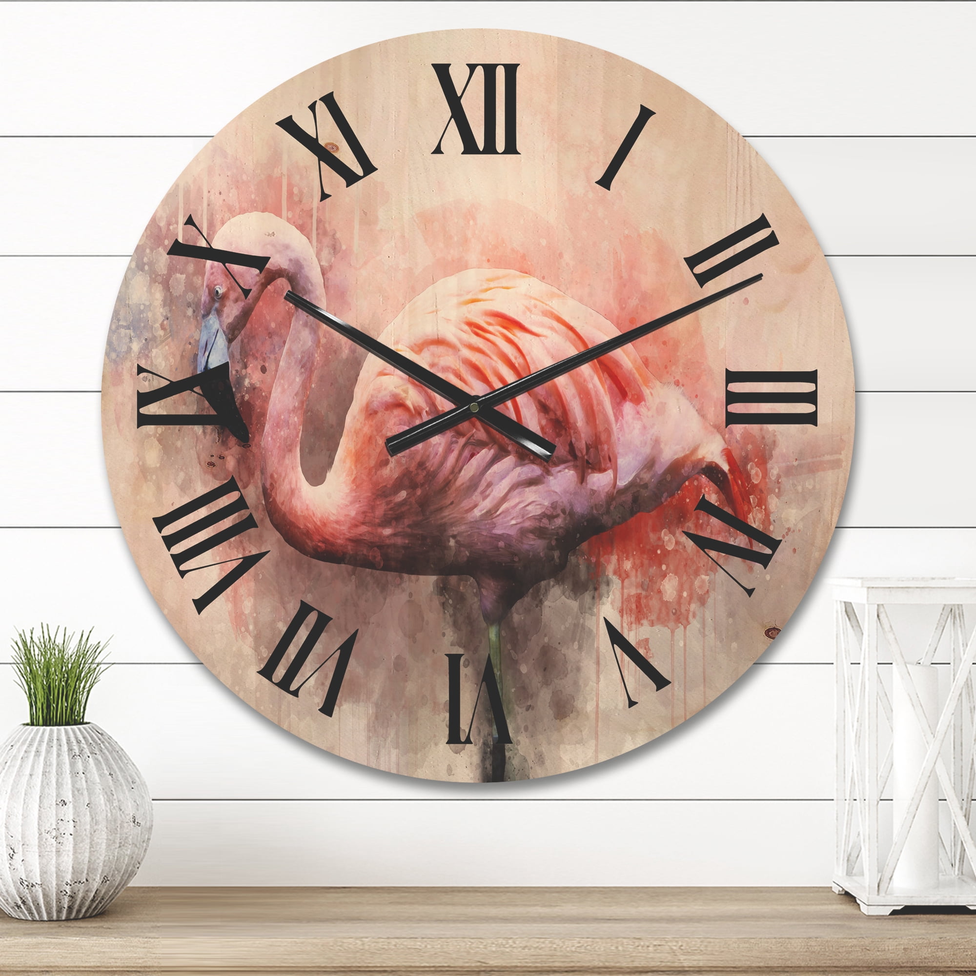 Designart 'Abstract Portrait of Pink Flamingo V' Farmhouse Wood Wall Clock
