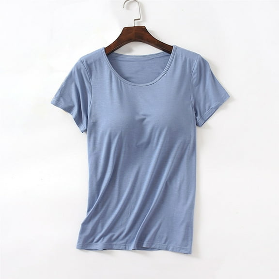 Pitauce Summer Tops for Women Modal Built-in-Bra T-Shirts Crew Neck Wireless Short Sleeve Tee Tops Plus Size Blouses with Chest Pad