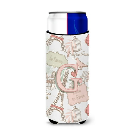 

Caroline s Treasures CJ2002-GMUK Letter G Love in Paris Pink Ultra Hugger for slim cans Slim Can multicolor