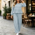 thumbnail image 3 of Asgosdo Women Two Piece Outfits Boho Grid Ruffle Long Sleeve Top and Wide Leg Pant with Pocket Casual Fall Winter Matching Lounge Sets, 3 of 6