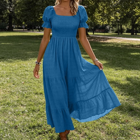 NTACZA Womens Summer Dresses Tiered Hem Casual Sundress Maxi Scoop Neck Ruched Waist Short Sleeve A-Line Beach Size L