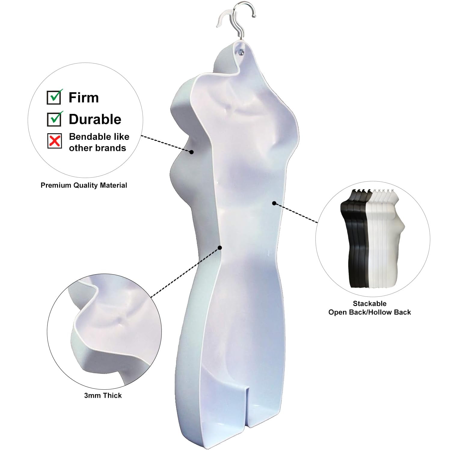 White Female Mannequin Hip Long Hollow Back Body Torso Dress Form & Hanging Hook, S-M Sizes (10)