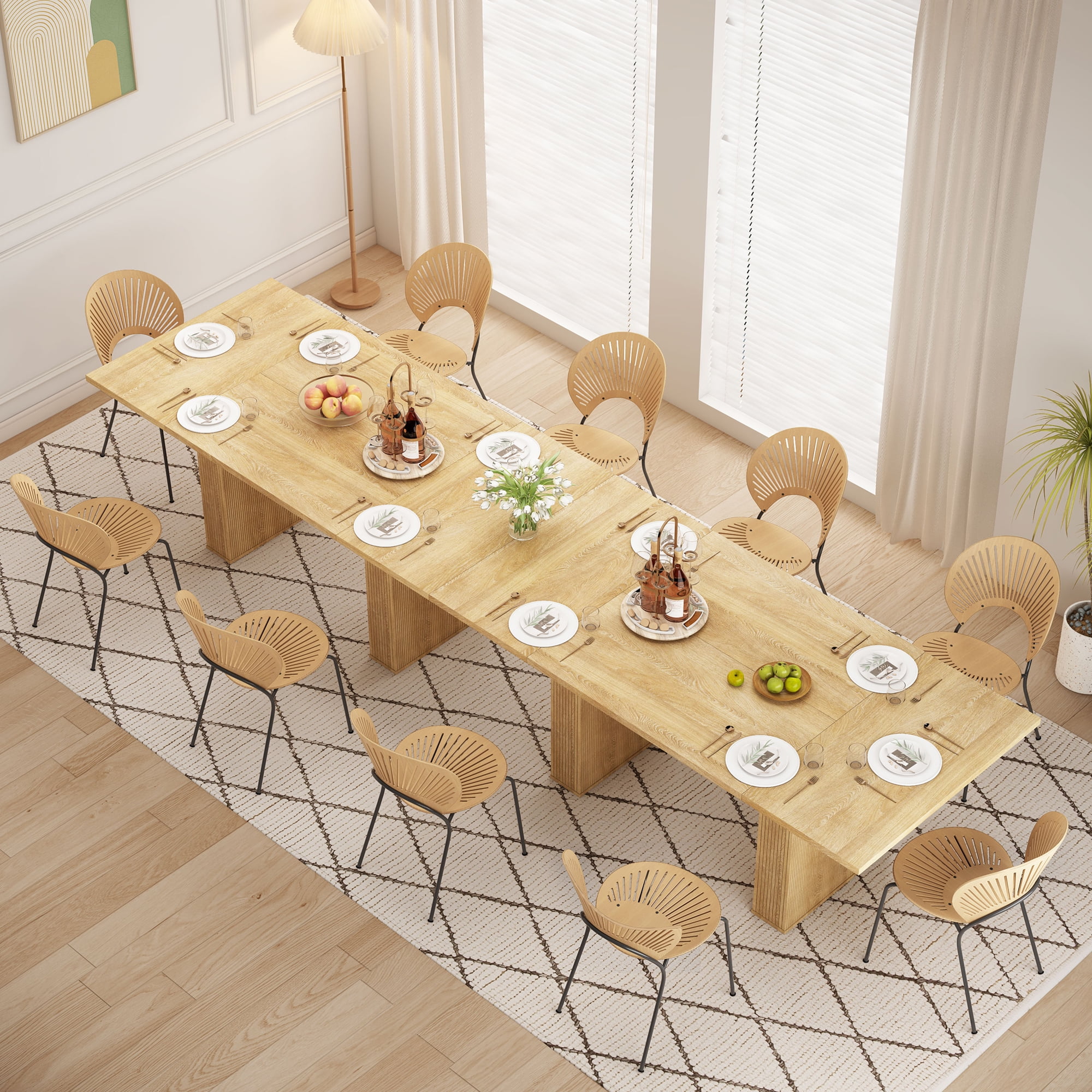 PHOYAL Beige Rectangle Dining Table for 6-8, Farmhouse Large Dining Table with Double Pedestal, 78.74"L, 39.37"W