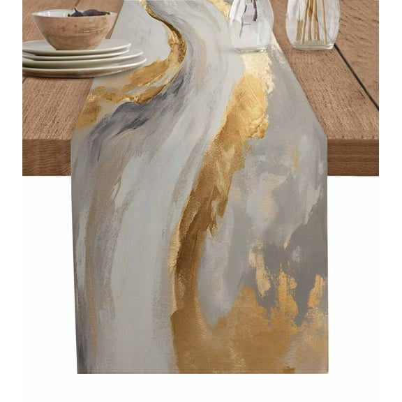 Marble Gold Table Runner-Cotton Linen- 36 Inch Holiday Dresser Scarves, Gradient Grey Abstract Modern Sky Desert Tablerunner for Kitchen Coffee/Dining Bedroom Living Room Dinner Scarf Décor 13x36