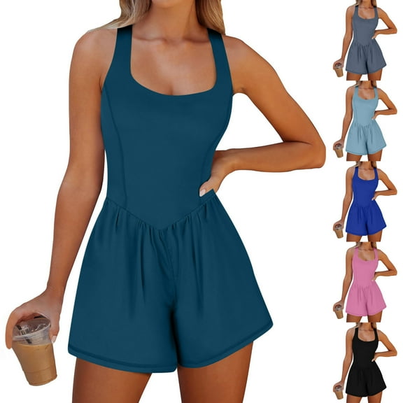 Bovxnpu Casual Shorts for Women,Women's Workout Romper Running Onesie Short Athletic Jumpsuits Casual Summer Outfits Gym Yoga Clothes