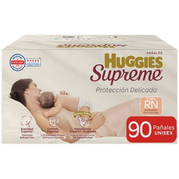 Huggies Supreme RN Protección Delicada 90 Pañales Recién Nacido con Indicador de Humedad, Bolsa Antiescurrimientos y Cubierta Suave