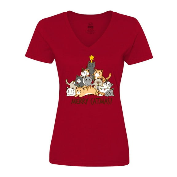 Inktastic Merry Catmas with Cat Tree and Yellow Star Women's V-Neck T-Shirt