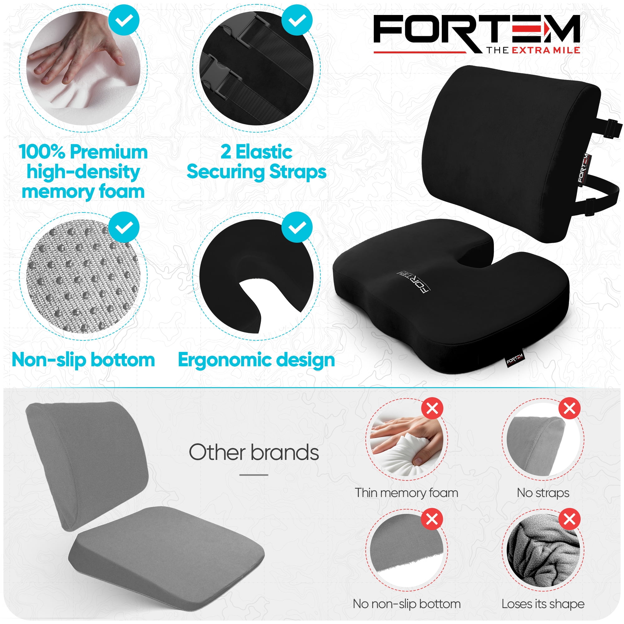FORTEM Seat Cushion, Office Chair Cushion, Lumbar Support Pillow for Office Chair, Memory Foam Car Seat Cushions, Sciatica Coccyx Tailbone Pain Relief, Cushions for Back Support, Washable, Non Slip