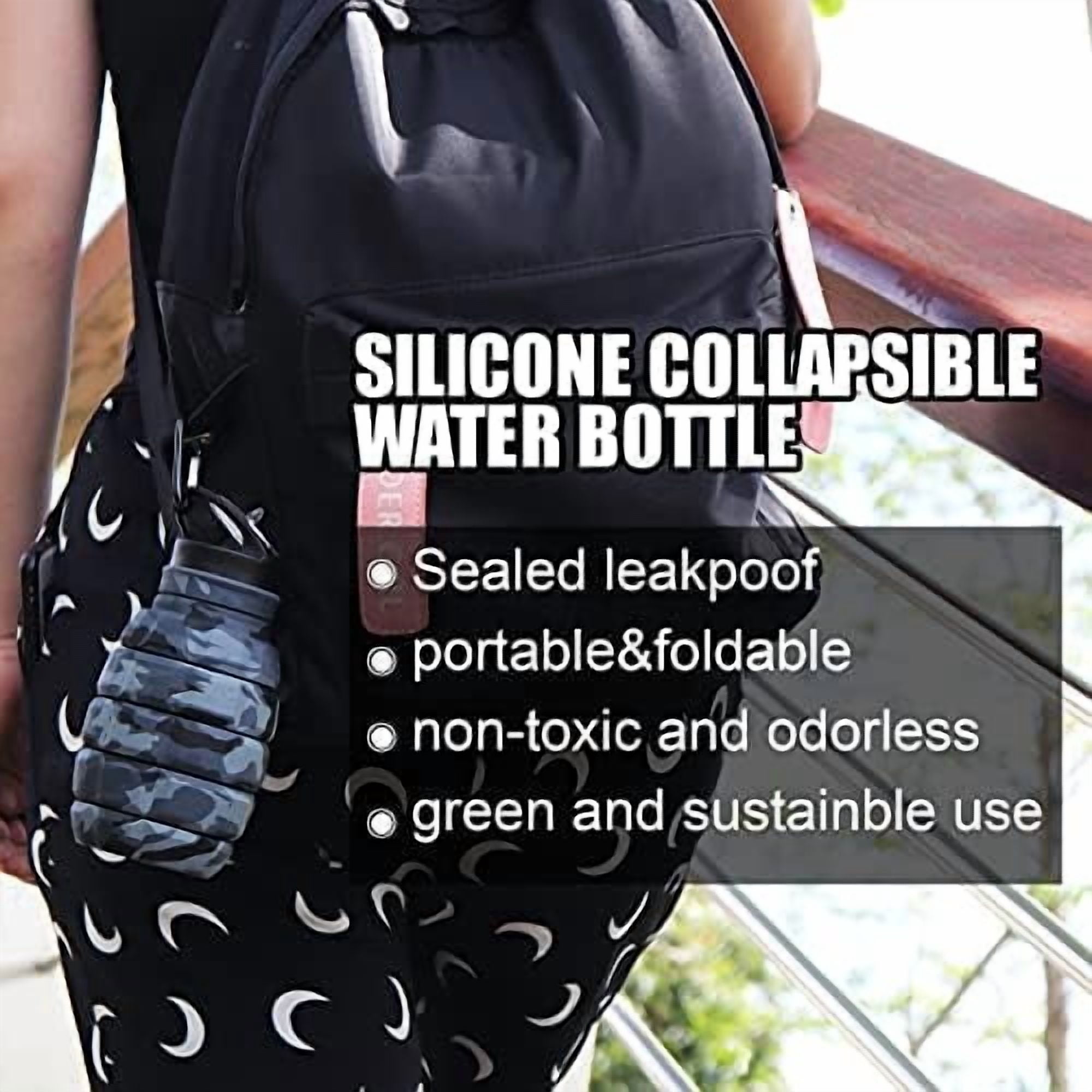 Collapsible Travel Water Bottle19.6 oz, Reuseable Silicone Foldable Water Bottles for School, Office, Gym, Camping,Hiking,Portable Leak Proof Sports Water Bottle with Carabiner (Dark gray camouflage)