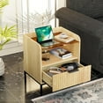 thumbnail image 3 of Glavbiku Mid Century Modern Nightstand with Charging Station, Glass Top 1 Drawer Natural End Table for Bedroom, Living Room, 3 of 14