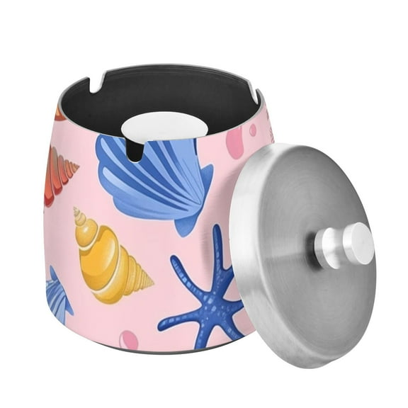 Outdoor Ashtray with Lid for Cigarette Stainless Steel Smokeless Ash Tray for Patio Home Table Decor Colorful Seashells Seaweed