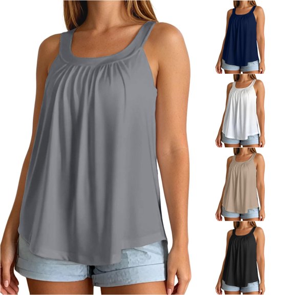 WAYUTE Womens Tank Tops with Built In Bra Sleeveless Ruched Square Neck Wide Strap Flowy Loose Summer Solid Color Layering Blouse Casual Daily Wear,Grey,M
