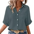 thumbnail image 2 of Pxiakgy Women Linen Shirts Button Down Cotton Short Sleeve Blouses V Neck Collared Button-Up Gauze Tops Wrinkled Fabric Blouse Fashionable and Casual Single Pocket Slit Mid Sleeved Top Shirt, 2 of 9