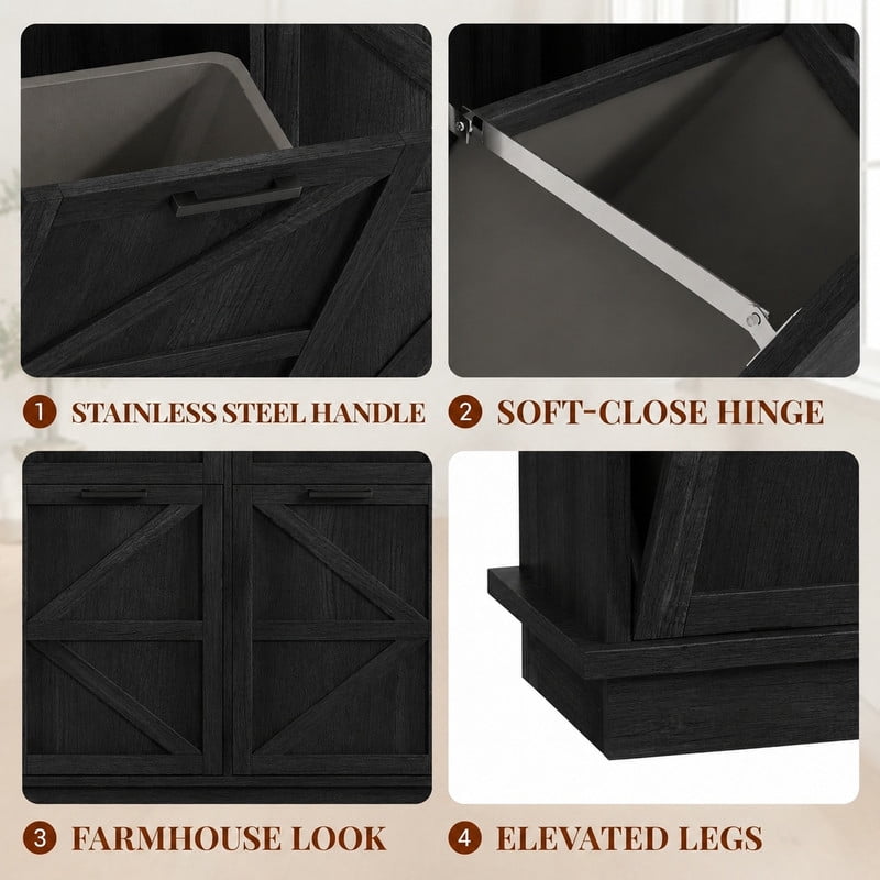 39''W Tilt Out Trash Can Storage Cabinet with 2 Drawers, Farmhouse Kitchen Island with Double 10-Gallon Trash Hidden Cabinet